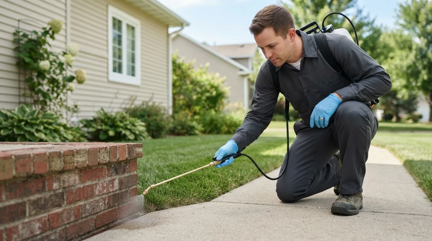 Pest control technician treating a home near Butterfield, MN